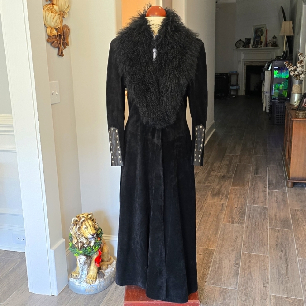 Vintage Ren Ellis Black Suade Duster Coat Large Renegade Classic Glamour Goth